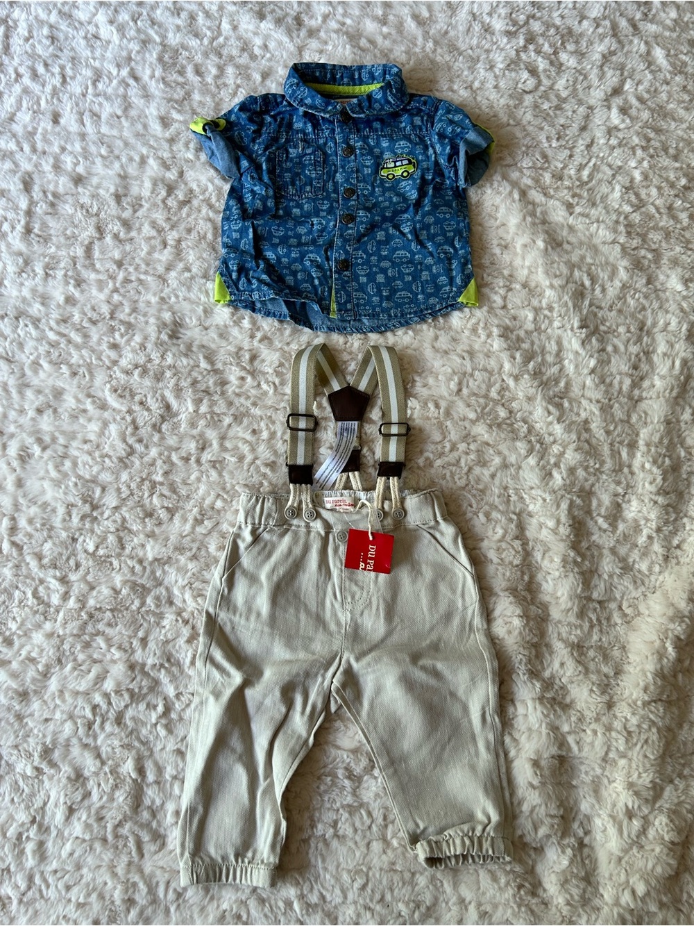 Boys Light Beige Pants with Striped Suspenders - Unbranded